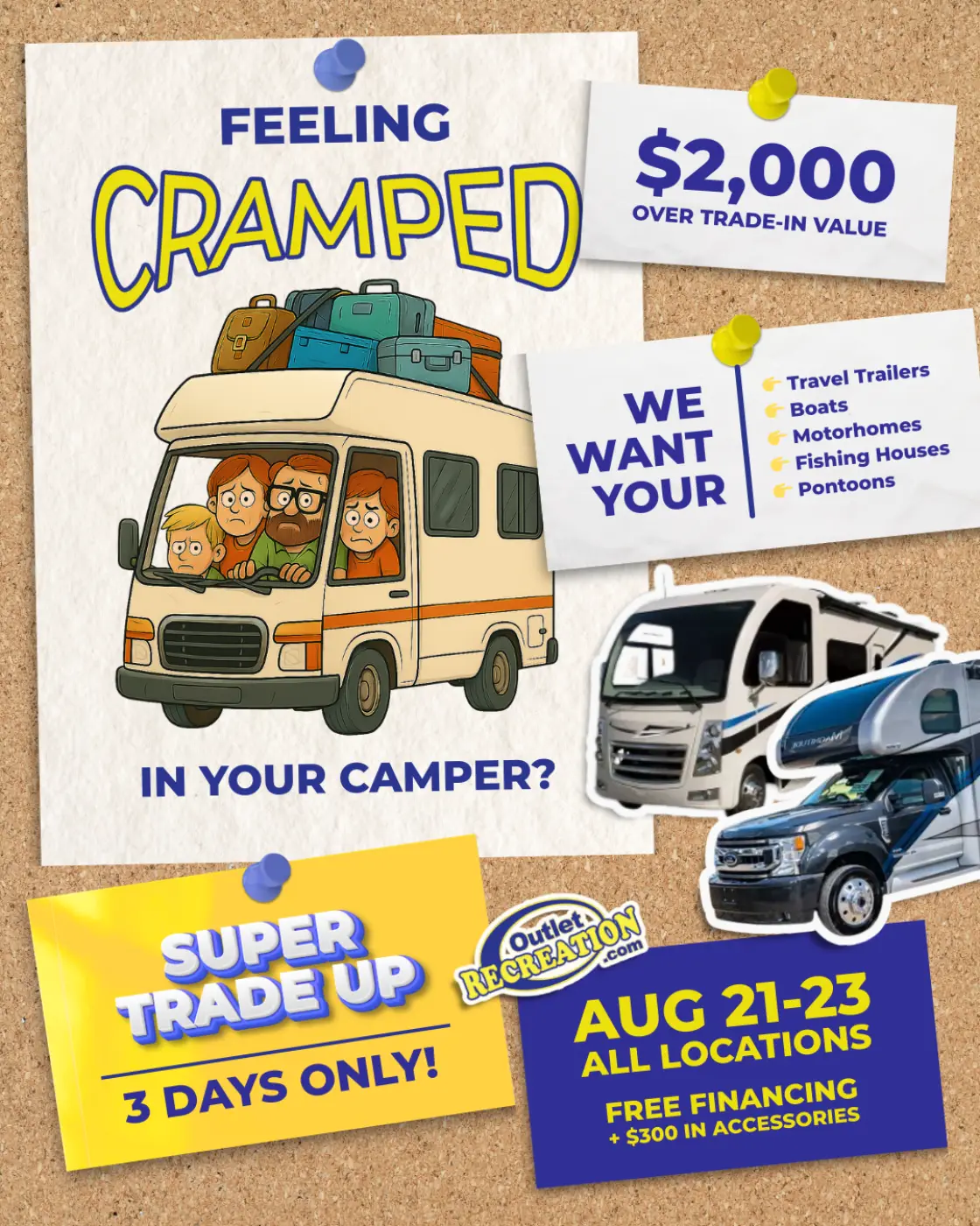 AdShark ad creative — Outlet Rec Jz 4x5 Feed Outlet Recreation Super Trade Up Camper August 2025 Sticker Top