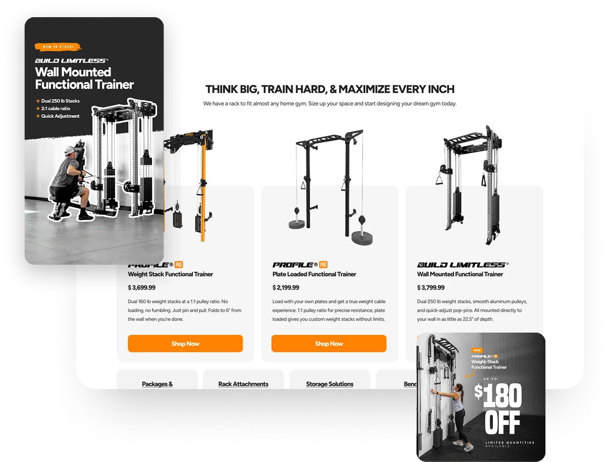An AdShark-built eCommerce storefront shown with its paid social ad creative