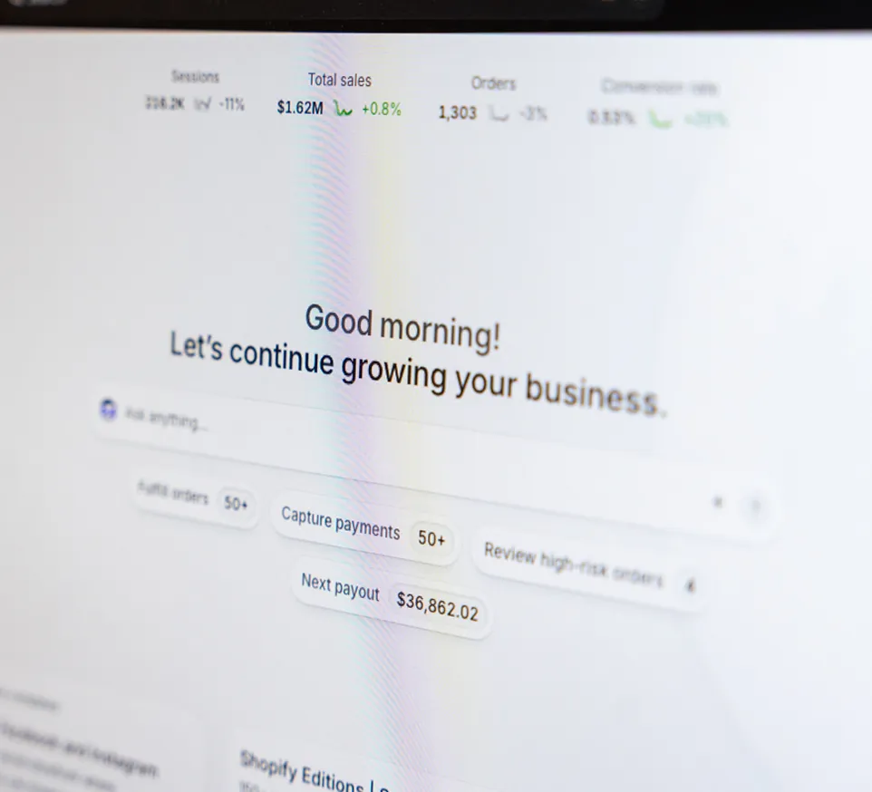 A Shopify admin dashboard showing sales, orders, and conversion metrics