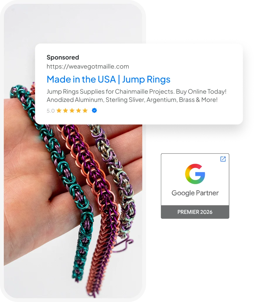 A Weave Got Maille search ad for jump rings shown on a phone, beside AdShark's Google Premier Partner 2026 badge