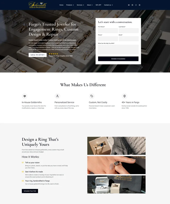 Schmidt's Gems & Fine Jewelry engagement ring landing page, designed and built by AdShark