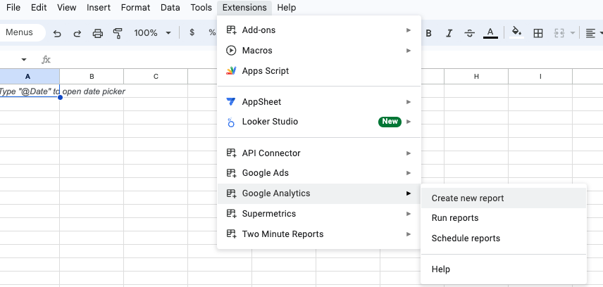 google analytics sheets add on menu - create new report